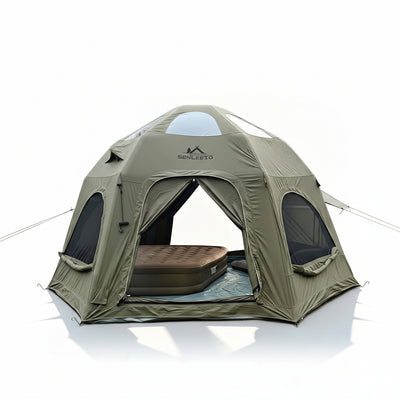 Inflatable Camping Tents 8-10 Person,129 Square Feets Large Inflatable Camping Tent with Stove Jack,Blow up Tent with Mesh Windows & Pump