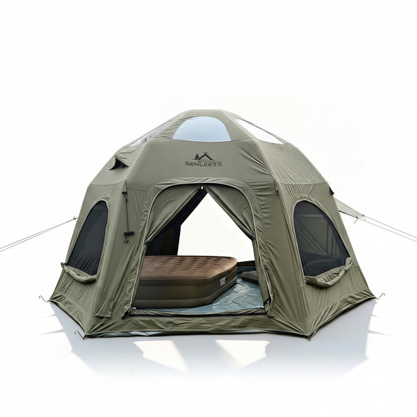 Inflatable Camping Tents 8-10 Person,129 Square Feets Large Inflatable Camping Tent with Stove Jack,Blow up Tent with Mesh Windows & Pump