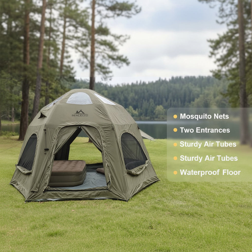 Inflatable Camping Tents 8-10 Person,129 Square Feets Large Inflatable Camping Tent with Stove Jack,Blow up Tent with Mesh Windows & Pump
