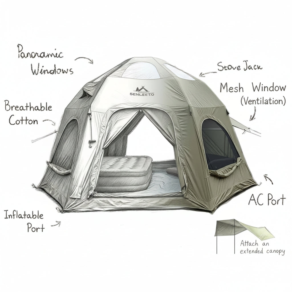 Inflatable Camping Tents 8-10 Person,129 Square Feets Large Inflatable Camping Tent with Stove Jack,Blow up Tent with Mesh Windows & Pump