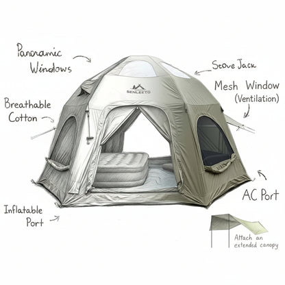 Inflatable Camping Tents 8-10 Person,129 Square Feets Large Inflatable Camping Tent with Stove Jack,Blow up Tent with Mesh Windows & Pump