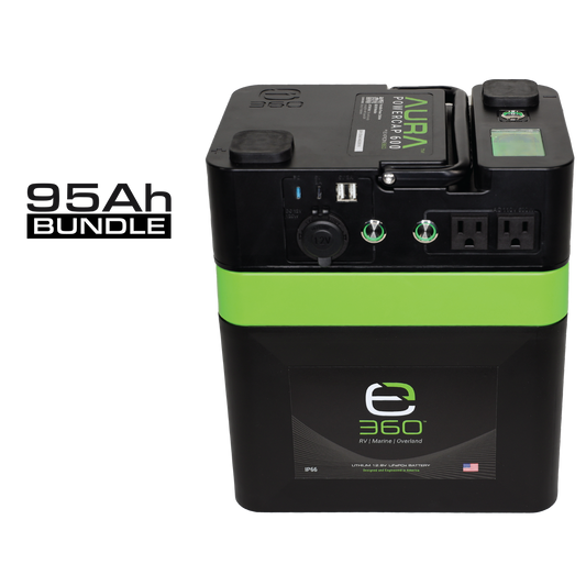 E360 (1) EX-AURA001: AURA 600W Inverter (1) EX-G24-95XDP: E360 12.8V 95Ah G24 Extreme-Density LiFePO4 Deep Cycle Battery [A]