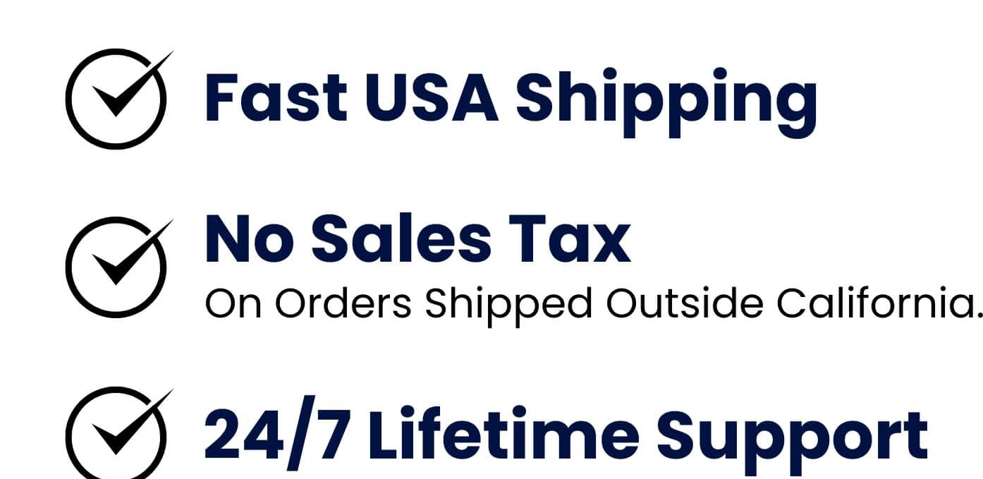 Promotional graphic with a customer service representative pointing to 'Shop Now' button, highlighting fast shipping, no sales tax, and 24/7 support.
