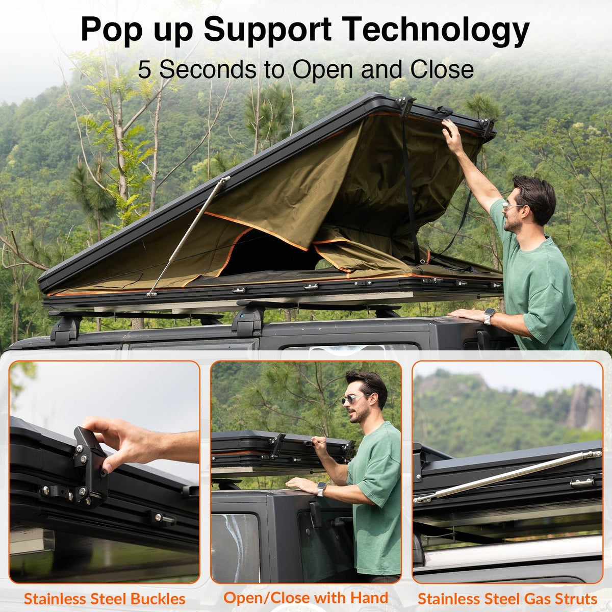 Adventurer Plus Rooftop Tent Hardshell with Side Awning, Air Conditioner Outlet with Bracket, &Replaceable Rain Flies, Truck Bed Tent for Camping, Pop Up Overland Roof Tents