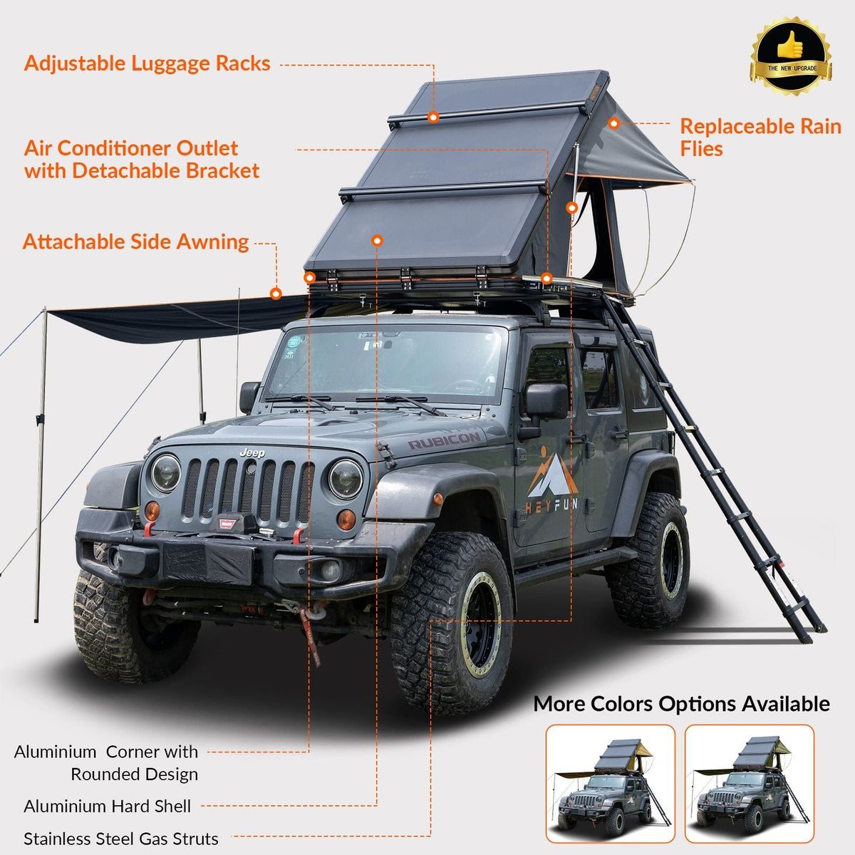 Adventurer Plus Rooftop Tent Hardshell with Side Awning, Air Conditioner Outlet with Bracket, &Replaceable Rain Flies, Truck Bed Tent for Camping, Pop Up Overland Roof Tents