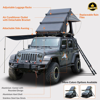 Adventurer Plus Rooftop Tent Hardshell with Side Awning, Air Conditioner Outlet with Bracket, &Replaceable Rain Flies, Truck Bed Tent for Camping, Pop Up Overland Roof Tents