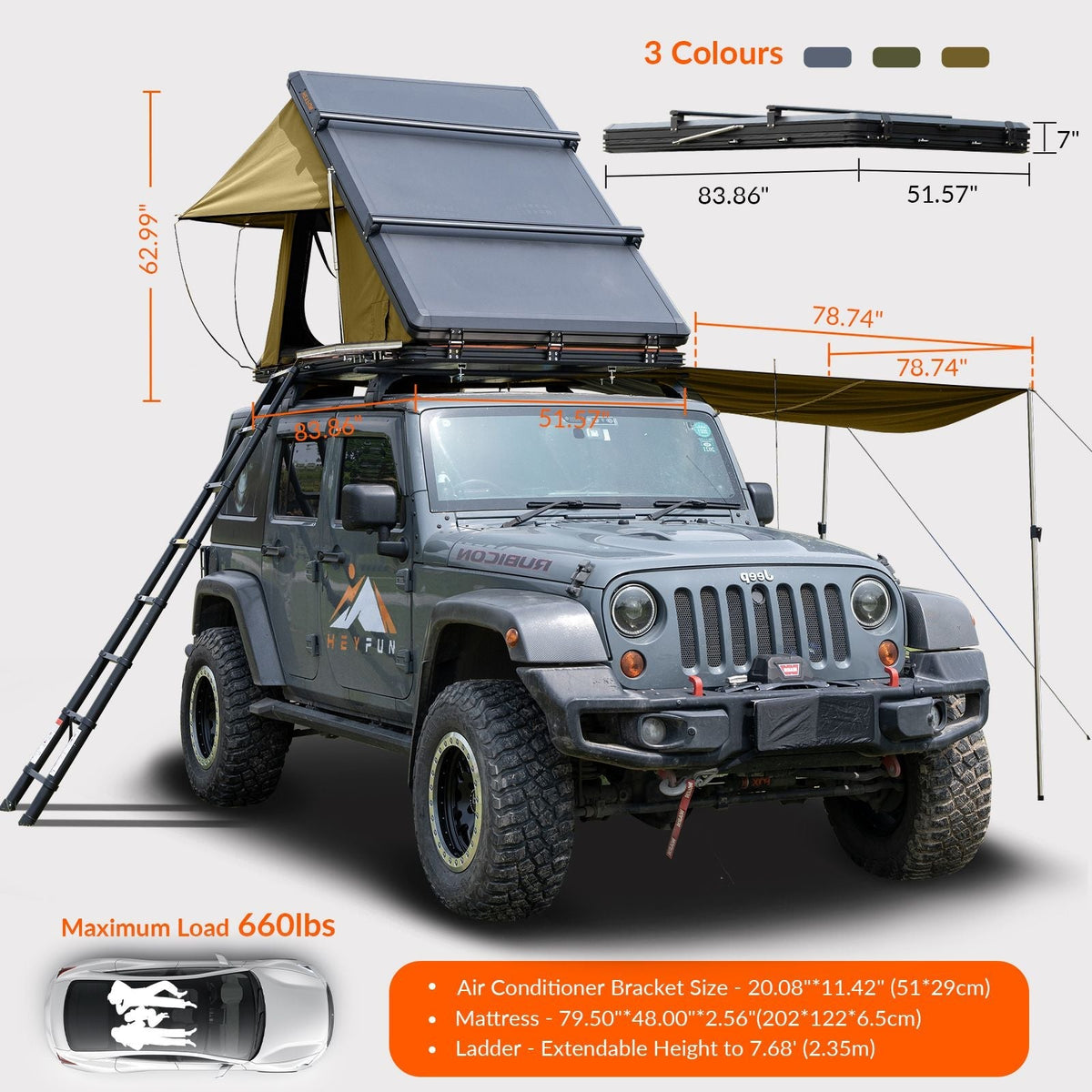 Adventurer Plus Rooftop Tent Hardshell with Side Awning, Air Conditioner Outlet with Bracket, &Replaceable Rain Flies, Truck Bed Tent for Camping, Pop Up Overland Roof Tents