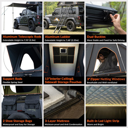 Explorer Plus Rooftop Tent Hardshell with Side Awning, Air Conditioner Outlet with Bracket, Luggage Racks&Replaceable Netting Rain Curtain, Truck Bed Tent for Camping, Pop Up SUV Roof Top Tent