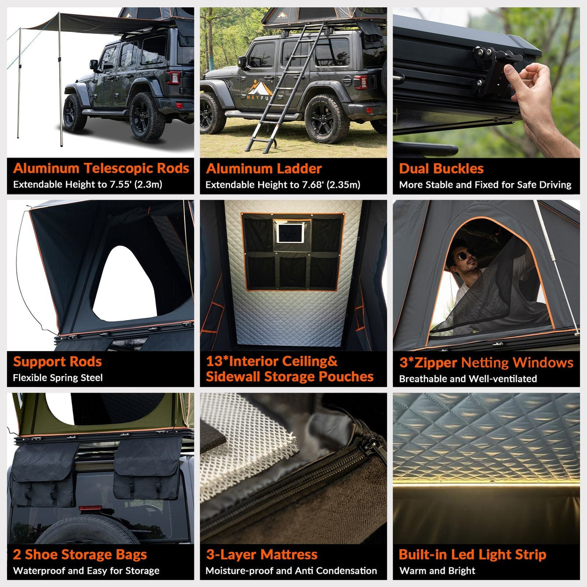 Adventurer Plus Rooftop Tent Hardshell with Side Awning, Air Conditioner Outlet with Bracket, &Replaceable Rain Flies, Truck Bed Tent for Camping, Pop Up Overland Roof Tents