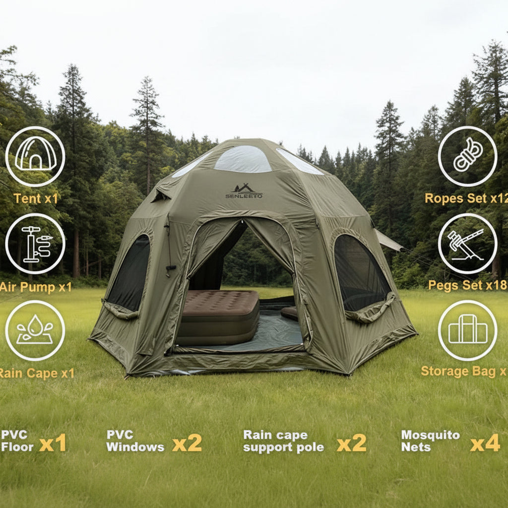 Inflatable Camping Tents 8-10 Person,129 Square Feets Large Inflatable Camping Tent with Stove Jack,Blow up Tent with Mesh Windows & Pump