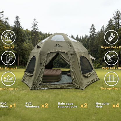 Inflatable Camping Tents 8-10 Person,129 Square Feets Large Inflatable Camping Tent with Stove Jack,Blow up Tent with Mesh Windows & Pump