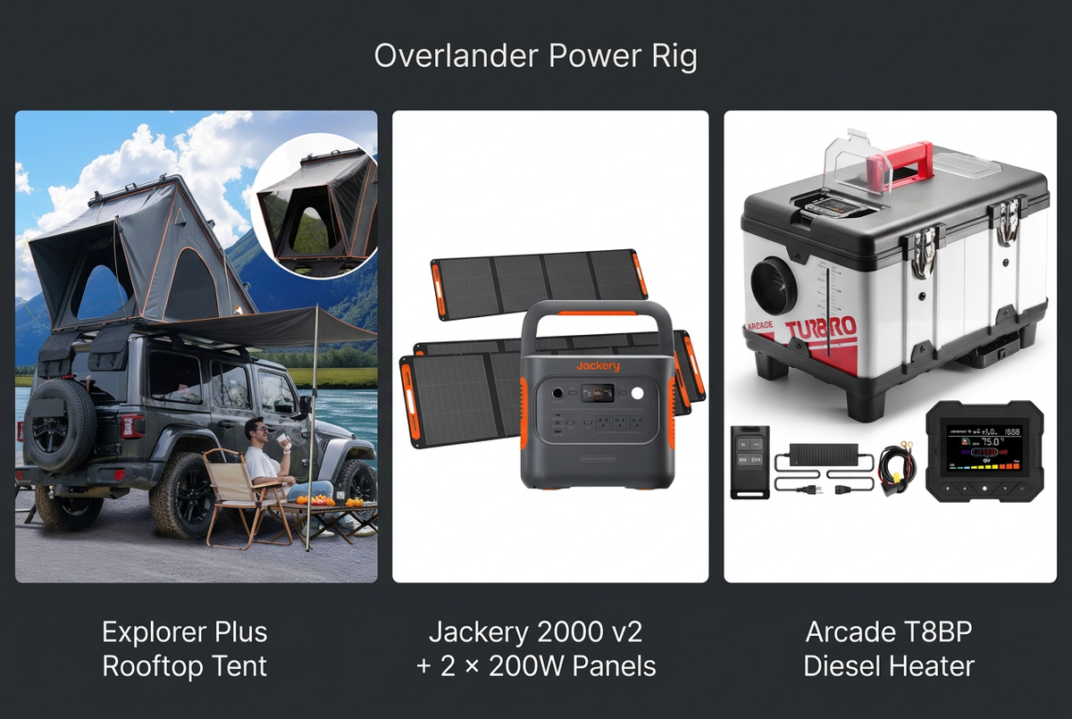 Overlander Power Rig: Explorer Plus rooftop tent, Jackery 2000 v2 with two 200W panels, and Arcade T8BP diesel heater