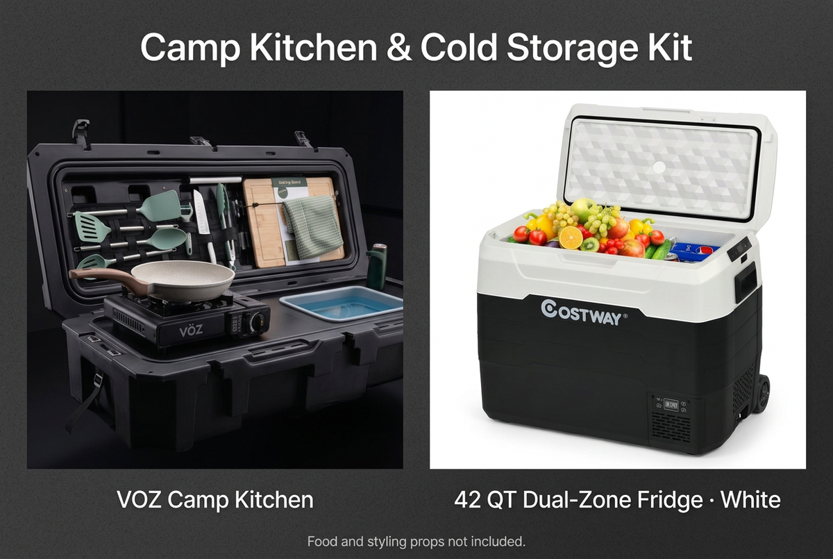 Camp Kitchen and Cold Storage Kit with VOZ Camp Kitchen and White 42 QT dual-zone refrigerator. Food and styling props not included.